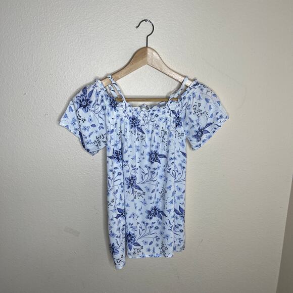 Old Navy Blue White Floral Peasant Top XL Kids - Picture 2 of 9